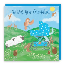 Hunts England - To Our New Grandson New Baby Card - Newborn - Blue Pram - Card From Grandparents - Countryside Collection