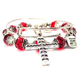 ChubbyChicoCharms Hearts On Cross Crimson Red Crystal Bracelet with Adjustable Wire Bangle Set, 2.5"