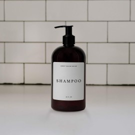 Sweet Water Decor Amber Plastic Jar | Refill Shampoo Dispenser | 16 oz Refillable Bottle with Pump | White Waterproof Label with Black Text | Rustic, Modern, Farmhouse Gift (Shampoo)