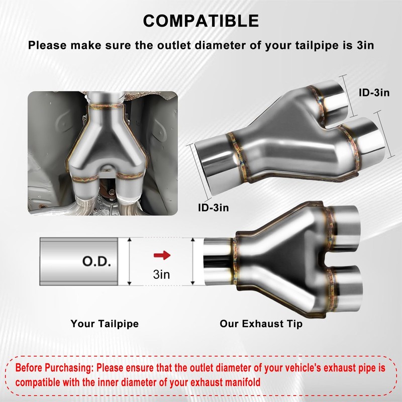 Mupera Universal 3 Inch Exhaust Y Pipe, Stainless Steel 3"