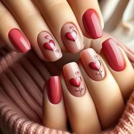Valentines Day Press On Nails Short Square Fake Nails Red Heart Nails Press Ons Acrylic Glossy False Nails With Heart Designs Full Cover Glue On Nails Valentines Stick On Nails For Women
