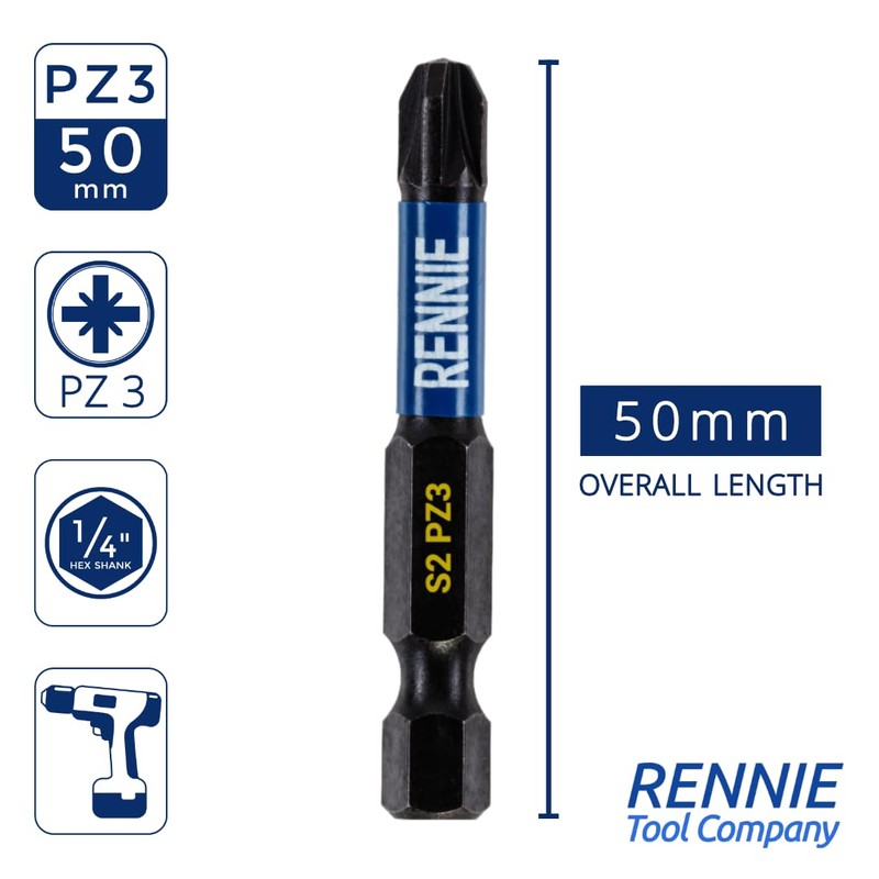 10 x Rennie Tools 50mm Long PZ3 Impact Screwdriver Driver