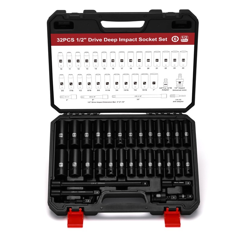 Mayouko 1/2" Drive Impact Deep Socket Set, SAE (3/8 to