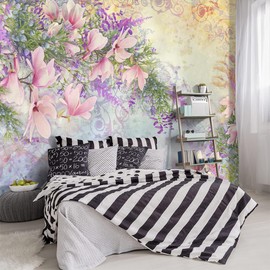 YIHWM -Magnolia Flower Botanical Floral Fabric Wallpaper Living Room Bedroom Bathroom Flowers Wall Mural- 91"x65"（ not Peel and Stick）