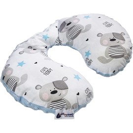 Medi Partners Children's Neck Pillow, Car, Aeroplane, Baby, 100% Cotton/Minky Neck Support Headrest, Child Seat, Car Seat, Neck Roll Cushion (Teddy Bear with Light Blue Minky)