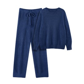 Uikue Fleece Pajama Set for Women Fuzzy Lounge Sets Winter Knitted Pj Loungewear Sleepwear 2 Piece Soft Sweater Pants Outfits(Navy,XL)