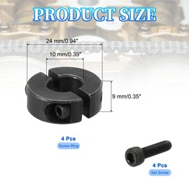 sourcing map Bore 10 mm Double Split Shaft Collar 24 mm OD 9 mm Thickness Carbon Steel Locking Collar Clamp Style with Set Screw & Hex Wrench for Machine Tools Industry (Black, Pack of 4)