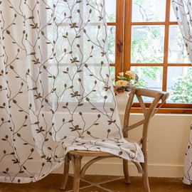 AmHoo 2 Panels Embroidered Leaf Pattern Semi Sheer Curtains Foliage Floral Voile Window Draperies Treatment for Bedroom Living Room Rod Pocket White Brown 53 x 84 Inch