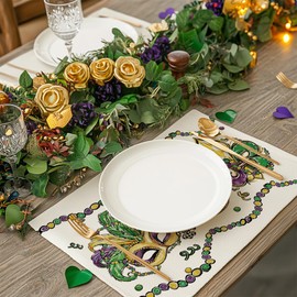 DineDia Mardi Gras Placemats 18x12 Inches Set of 4, Fleur de Lis Mask Carnival Table Decor, Burlap Farmhouse Indoor Outdoor Holiday Beads Rhombus Lattice Decoration Mats for Home Party DP053-4