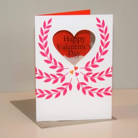 Claire Giles Greeting Cards, Happy Valentine's Day Card, Pink Crown of Leaves, Greeting Card with a See-Through Heart Shaped Window