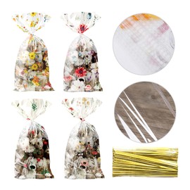100Pcs BMYUK Wildflower Party Cellophane Treat Bags Easter Clear Cello Candy Goodies Bags with Twist Ties Plastic Floral Candy Cookie Packing Clear Goody Gift Bags Favor Decorations forBirthday Supply