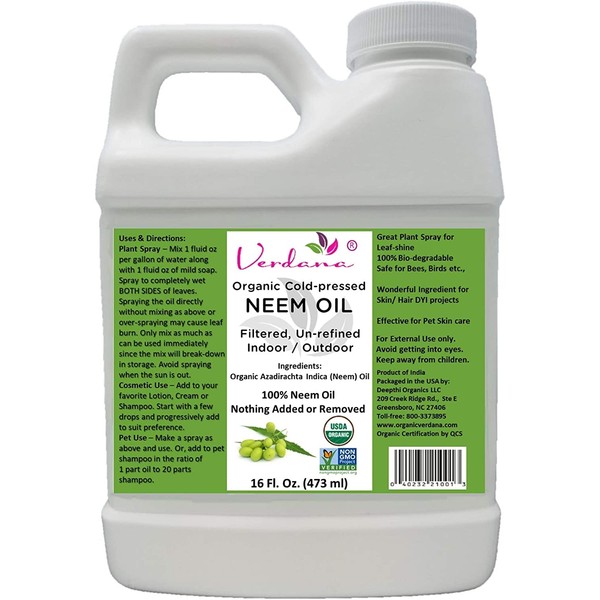 Verdana USDA Organic Cold Pressed Neem Oil 16 Fl. Oz - Non GMO Certified - Unrefined - High Azadirachtin Content - 100% Neem Oil, Nothing Added or Removed - Leafshine, Pet Care, Skin Care, Hair Care