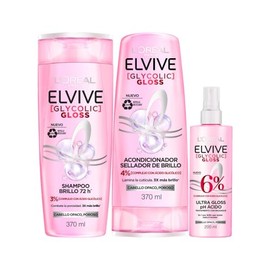 Kit L'Oréal Paris Elvive Tratamiento Ultra Gloss Glycolic Gloss 200 ml, + Elvive Acondicionador Glycolic Gloss, con Ácido Glicólico, 370 ml + Shampoo Glycolic Gloss, con Ácido Glicólico, 370 Ml