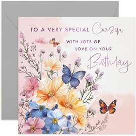 Special Cousin Birthday Cards - Purple Floral Artwork with Butterflies - Gifts for Her Birthday - For Cousin - Female Family Members Birthday Greeting Cards - Traditional Designs