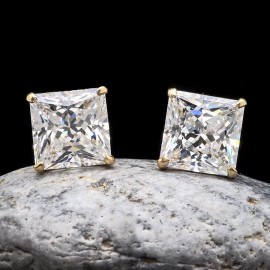 Street Knitted Men's Square Solitaire Yellow Gold Plated Cz Screw Back Stud Earrings