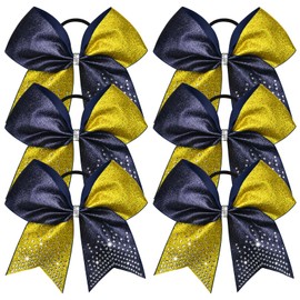 6PCS Glitter Cheer Bow Large Cheer Bows Rhinestones Hair Bows Girls 8"Cheerleading Bows Bulk Elastic Band Ponytail Holder for Teen Girls College Sports Competition Blue Gold