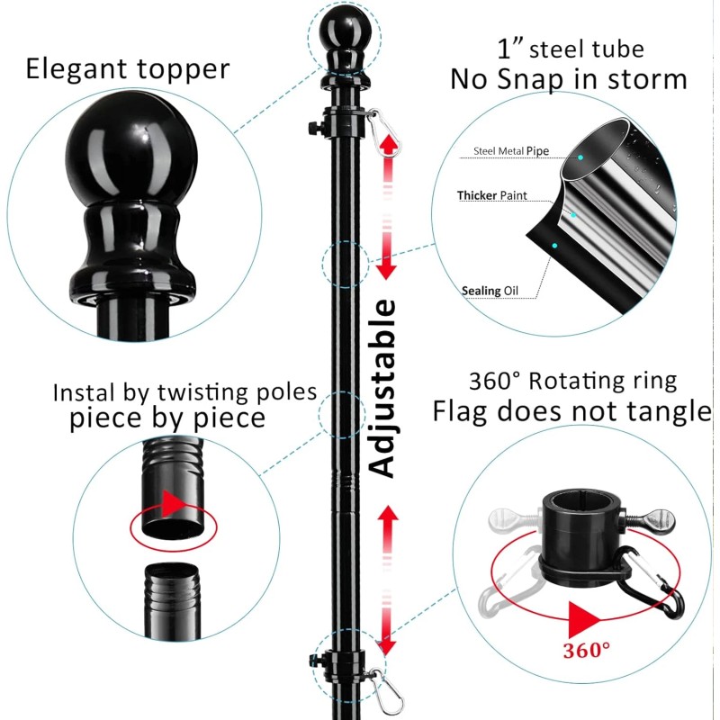 Nicecho 5' ft Long black Flag pole rod W/ flag