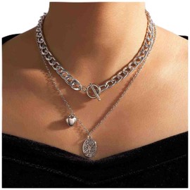 Cimenexe Vintage Coin Pendant Necklace Silver Layered Heart Necklace Choker Toggle Chain Necklace Retro Thick Curb Chain Necklace Jewellery for Women and Girls