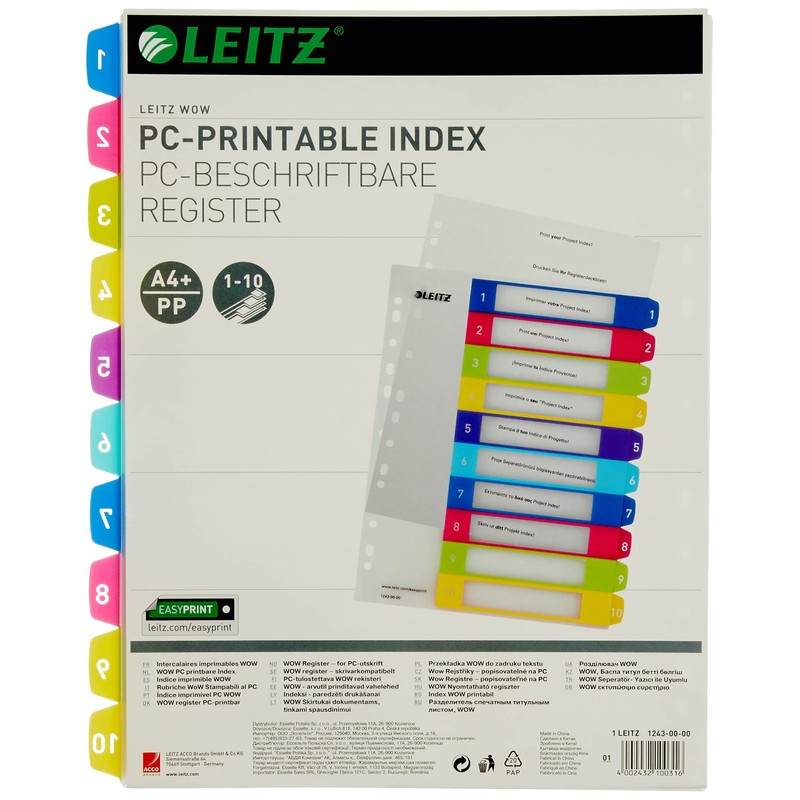 Leitz Index for A4, PC-writable cover sheet and 10 dividers,