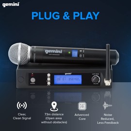 Gemini Sound UHF-6100M Wireless Mic System – UHF Receiver with 256 Selectable Frequencies, Handheld Mic, 240ft Range, LCD Display, Clear Audio for Performers, Churches, Weddings & Events