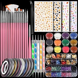 Nail Art Kit with Nail Glitter & Nail Sticker, Teenitor Nail Pen Designer Brush Nail Dotting Tool for Gel Nails Art, Nail Gems Nail Art Striping Tape Nail Art Brushes for Beginners, Gel Nail Brush Set