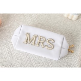 owiter Mrs Cosmetic Large Bag - White Patch Varsity Letter MRS Toiletry Big Bag Pearl Rhinestone Letter Patches Big Makeup PU Bag CB002 (white)