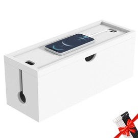 Bamboo Cable Management Box, Large Cord Organizer Box Cable Box to Hide Wires & Power Strips for Desktop Storage Cord Holder for Office Home,No Assembley Required (All White, Large)