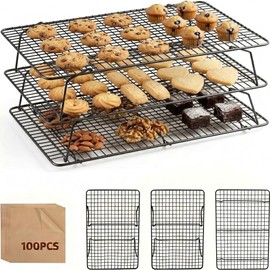 Cooling Racks for Baking, 3-Tier Stackable Stainless Steel Wire Cooling Rack Set of 3 (10"x15") with 100 Paper, Oven Safe Heavy Duty Rust-Resistant Wire Rack for Cookie Sheet Roasting Grilling.