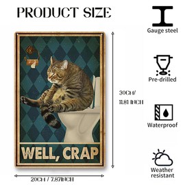 Yimofy Funny Bathroom Sign Vintage Cat Tin Signs for Wall Decor 8"x 12" Funny Bathroom Signs Restroom Toilet Decor Metal Wall Plaque Poster (Well,crap)