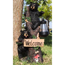 Climbing Black Bear Cubs Garden Light Welcome Statue Figurine Solar LED Lantern