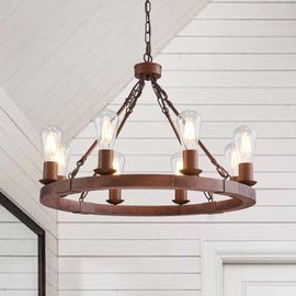 Farmhouse Wagon Wheel Chandelier 24.6" Wood Rustic Light Fixtures 8-Light Round Metal Industrial Farmhouse Dining Room Pendant Light for Living Room Foyer Entryway