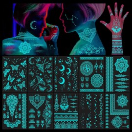 BUXIUGAN Blue Glow in the Dark Temporary Tattoos Indian Lace for Woman Girls Hand Arm Body Art, Luminous Flower Temporary Tattoo Stickers Moon Star Butterfly Glitter Neon Face Paint, 10 Sheets