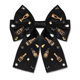 Happy New Year Hair Bows for Women, New Year’s Eve Hair Clips, Glitter Star Clock Champagne Hair Bows, Jeweled Rhinestone Black Bow Hair Ribbons New Year Holiday Accessories Gifts (Pattern K)