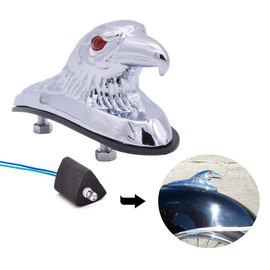 KATUR - Adorno de cabeza de águila para motocicleta con ojos rojos iluminados, aluminio chapado en cromo, soporte de estatua en el guardabarros delantero del coche