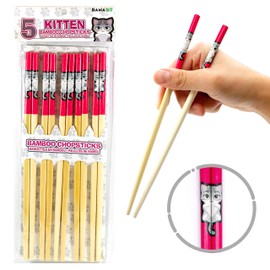 GAMAGO Kitten Bamboo Chopsticks Set-5 Pairs of Adorably Cute Reusable Chop-Sticks-Easy Grip, Lightweight, Durable, 9.25 Inches, Red