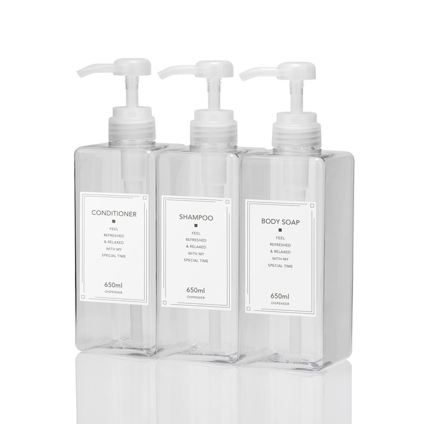 NESEKT Shampoo Bottle, Dispenser, Refill Bottle, 3 Types, 22.0 fl oz (650 ml) (Clear 3 Pieces)