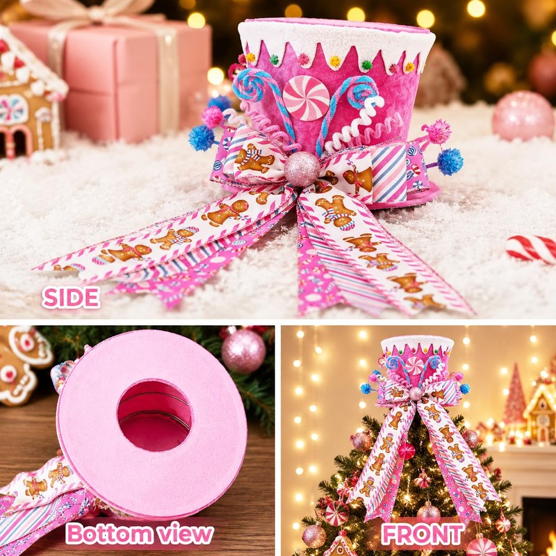Pink Christmas Tree Topper Hat, Candy Gingerbread Tree Top Decoration