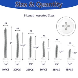 Klfte 165PCS #6 White Head Screws for 2.8mm-3.0mm Holes, White Wood Screw Assortment Kit – 6 Sizes (2” to 1/2”) 304 Stainless Steel for Shutters, Shelf, Wall Plate, Shiplap