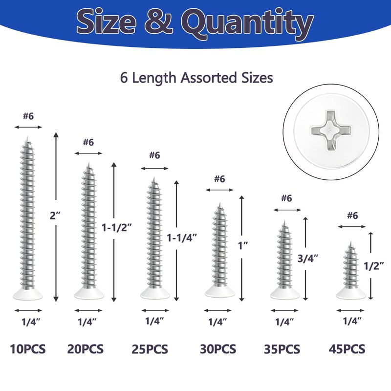 Klfte 165PCS #6 White Head Screws for 2.8mm-3.0mm Holes, White