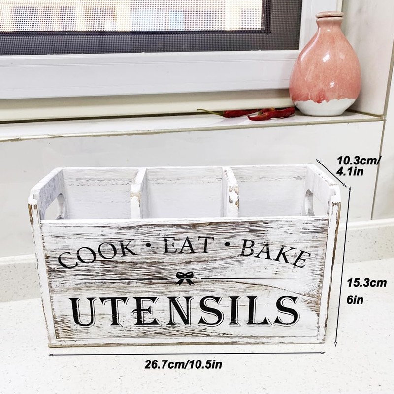 Kitchen Utensil Holder with 3 Compartments, Wooden Storage Utensil Organizer