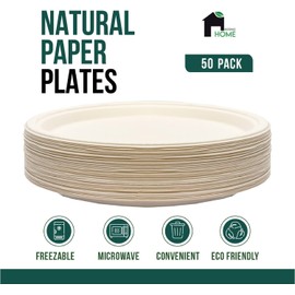 EconoHome 12 Inch Compostable Paper Plates [50-Pack] - Eco-Conscious Disposable Tray Made of Bagasse or Sugarcane Fiber - Microwave, Refrigerator-Safe - Heavy Duty Paper Plates for Dinner