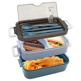 Aleker Bento Lunch Box, 1400ml Bento Box with Cutlery, Stackable Lunch Box with Compartments, Pack Lunch Box with 2 Layer 3 Compartments, Leak Proof Meal Prep Containers for Kids and Adults