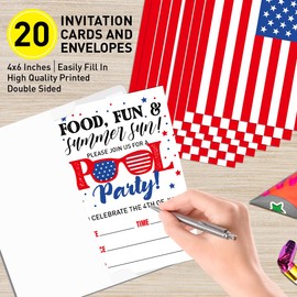 UDNADKEX 4th of July Invitations Pool Party with Envelopes, Summer Party Patriotic Invites, Independence day Invite Cards, Food Fun & Summer Fun, 4"x6" Set of 20