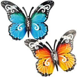 REBECASKYENS 2 Pieces Outdoor Large Metal Butterfly Garden Decorations Outdoor Wall Art Metal Butterfly for Outdoor Fences Shed Walls, 27 x 22 cm (Blue and Yellow)