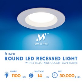 MW 6 Inch 5 Selectable Color Temperature LED Downlight Retrofit with Smooth Trim, 2700/3000/3500/4000/5000K, Dimmable, 75W Incandescent Equal, 1100LM, Energy Star (1 Pack)