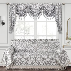 Loom and Mill Luxury Contemporary Sofa Covers, Elegant Damask Couch Cover Sofa Throw Cover with Tassels for 2-3 Cushion Couch, Sectional Couch Covers Sofa Slipcover for Dogs, Sliver Gray, 71" X 118"