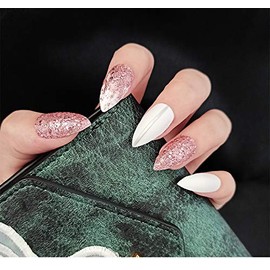 Set of 24 Nail Tips Long Fake Nails Tongues Waterdrop Nail Pink Glitter Fake Nails