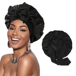 Satin Bonnet for Sleeping Women Silk Sleep Cap Double Layer Hair Care Bonnet with Elastic Tie Band Curly Hair(Black+Black)