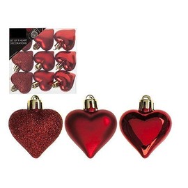 Toyland Pack Of 9-5cm Red Heart Baubles - Shiny Matte & Glitter Design - Christmas Tree Trims