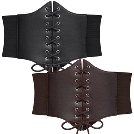 WERFORU 2 Pack Women Elastic Corset Belts Retro Wide Stretchy Tied Waspie Costume Waist Belt